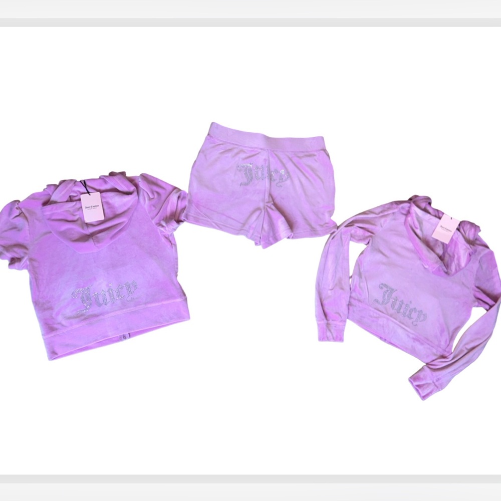 JUICY COUTURE RHINESTONE VELOUR DEWBERRY PURPLE 3PC & 2 TOPS & SHORTS SET NWT